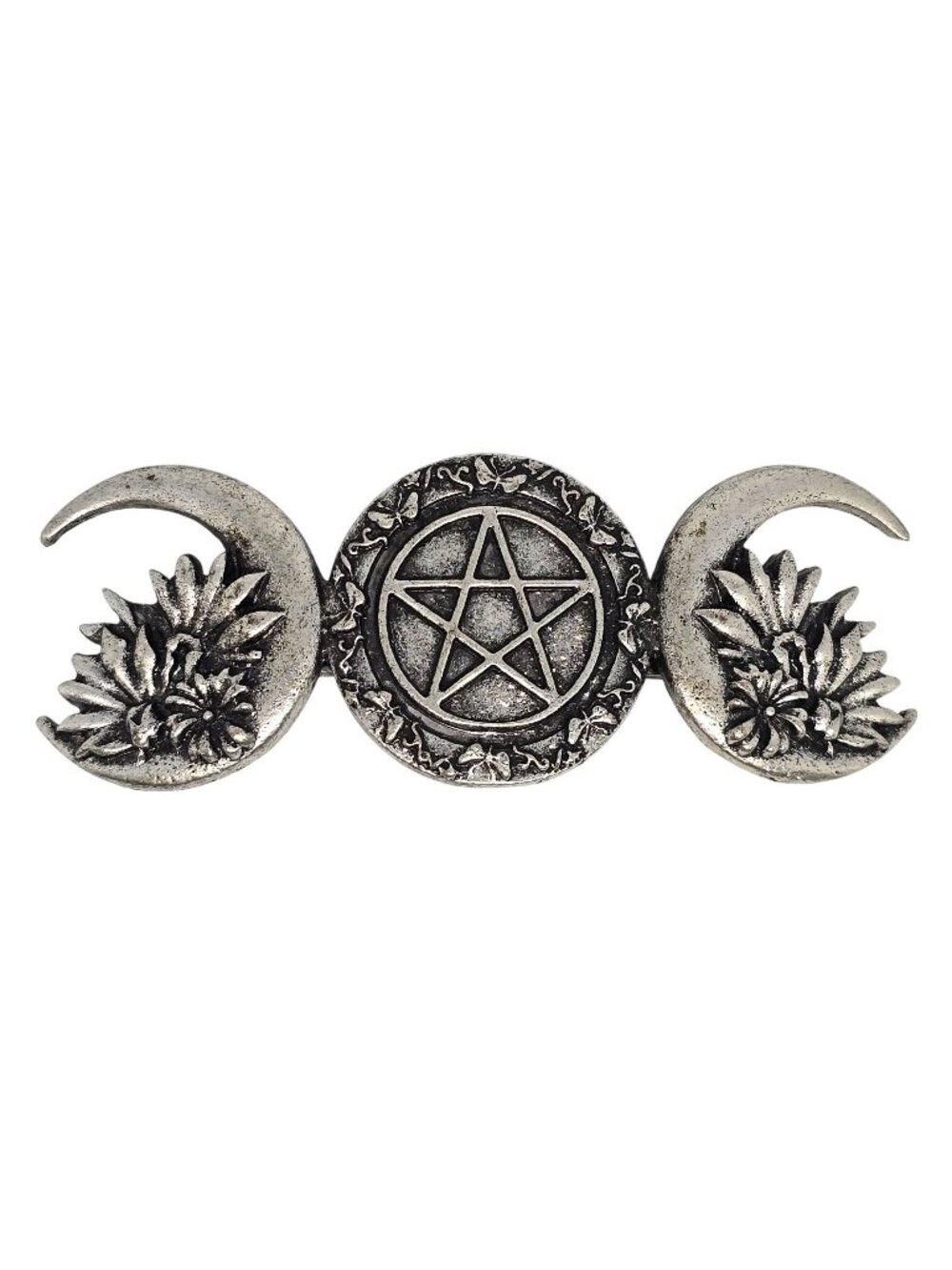 Vintage Wiccan Moon Pentagram Sunflower Silver Tone Barrette Hair Clip Gothic Pa